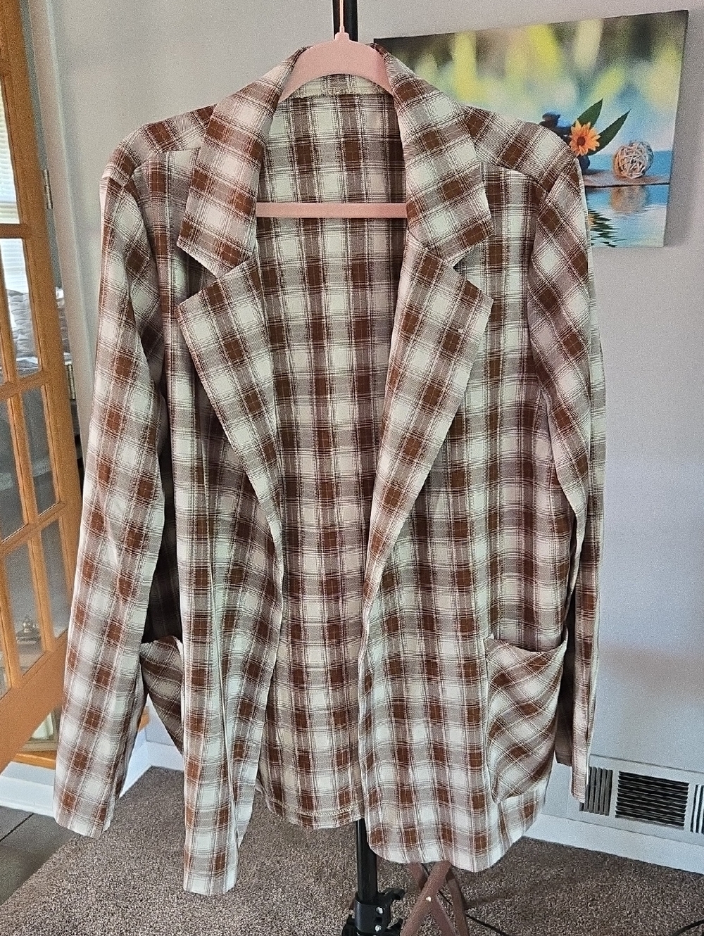 SHEIN Brown and Cream Plaid Open-Front Blazer 🤎🤍 Size L